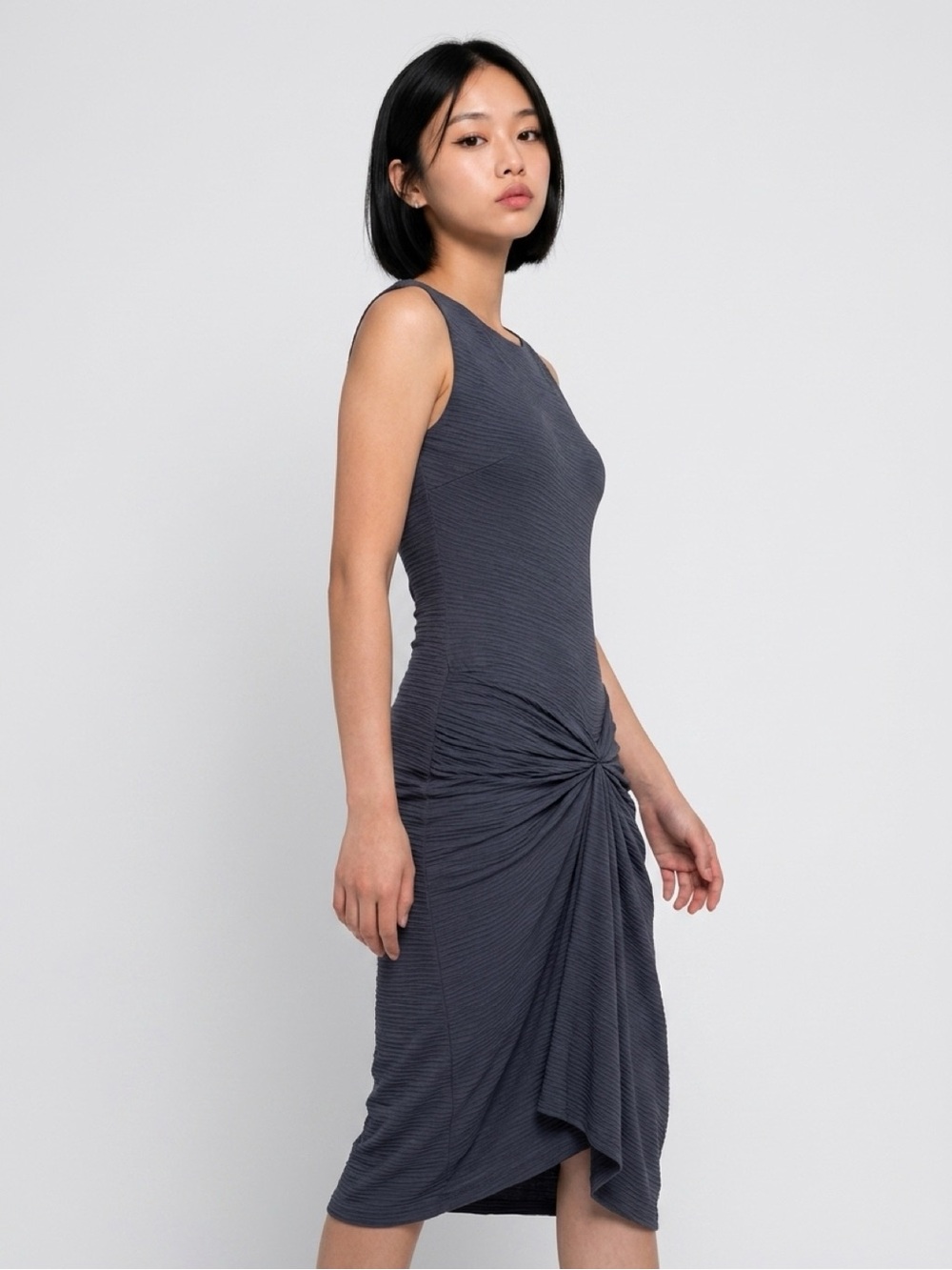 Sleek Navy Twist-Detail Midi Dress
